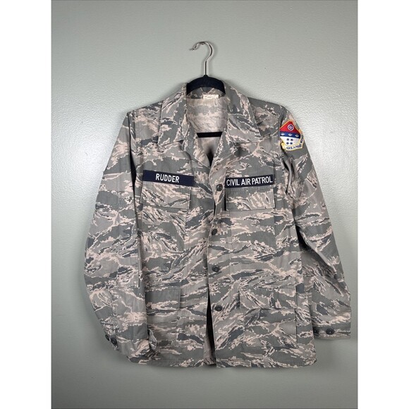 US Military Mens Green Camo Civil Air Patrol Field Button Down Jacket Distressed - Picture 1 of 12